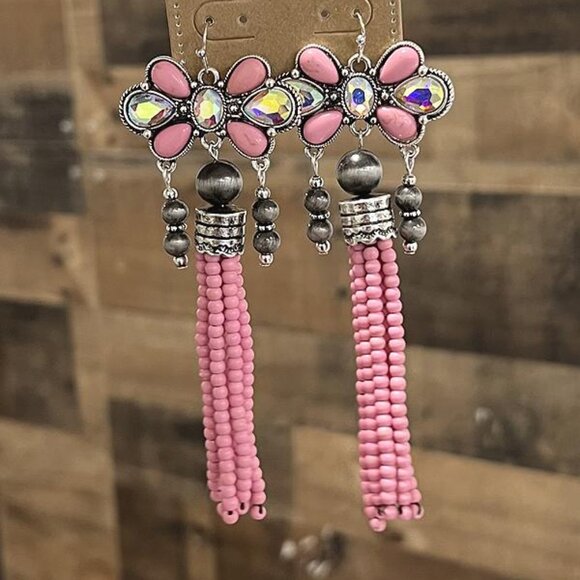 LONG 4" Drop Crystal & Beaded Pink Artisan Etsy Made Western Cowgirl Earrings - Picture 1 of 2